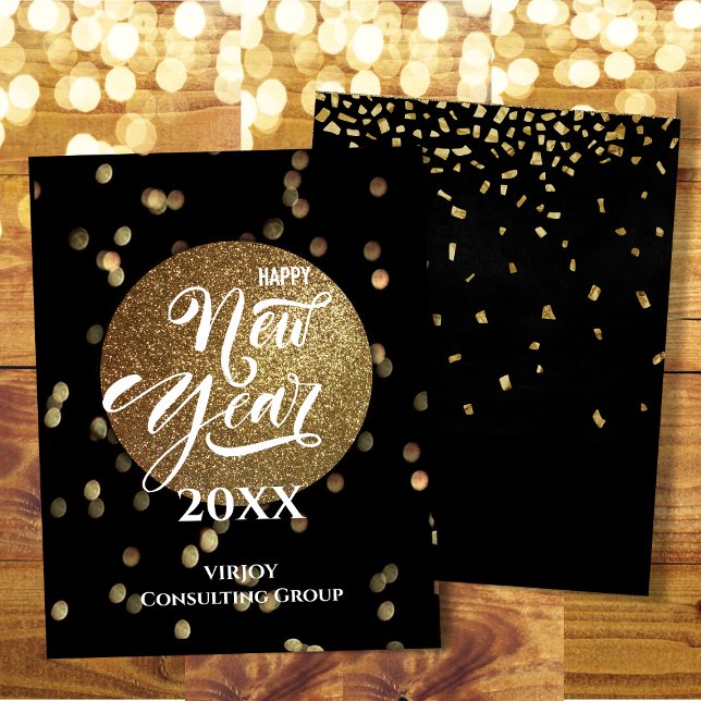 Festive Bokeh Gold Confetti Elegant Black Business Holiday Card (Creator Uploaded)