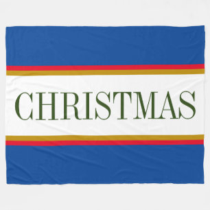 Festive Bold Blue White Red CHRISTMAS Stripes Text Fleece Blanket