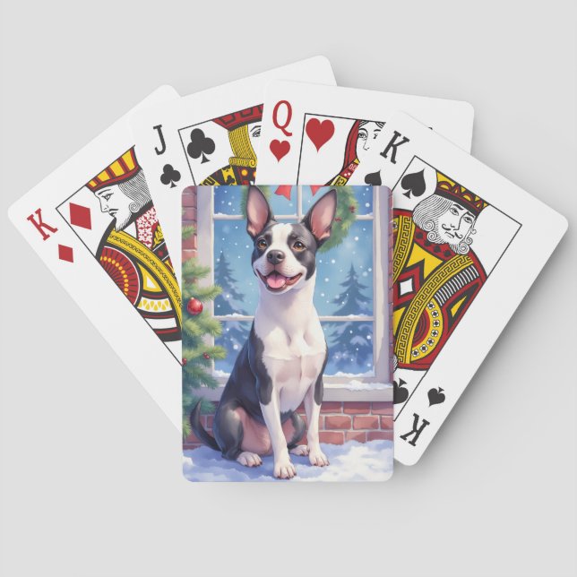 Festive Boston Terrier Christmas Art Playing Cards (Back)
