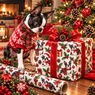 Festive Boston Terrier Christmas Wrapping Paper