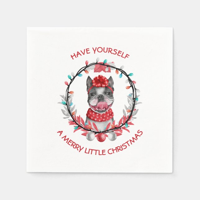 Festive Boston Terrier Merry Christmas Napkin (Front)