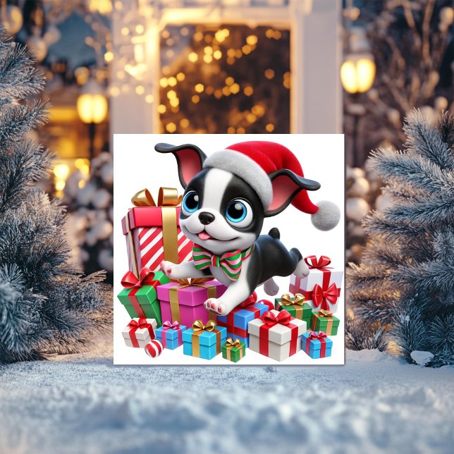 Festive Boston Terrier with Gifts Holiday Card (Creator Uploaded)
