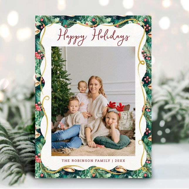 Festive Botanical Greenery Pattern Christmas Photo Holiday Card (Creator Uploaded)