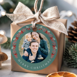 Festive Botanical Wreath Photo Christmas Favour Tags