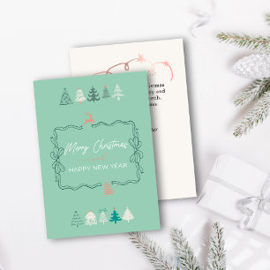 Festive Bow & Chic Trees Doodle Retro Holiday Card