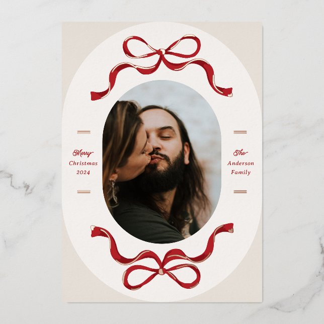 Festive Bows in Red Rose Gold Oval Photo Holiday (Front)