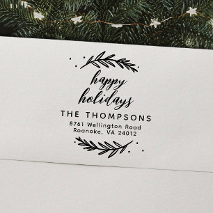 Festive Branches Happy Holidays Return Address Rubber Stamp