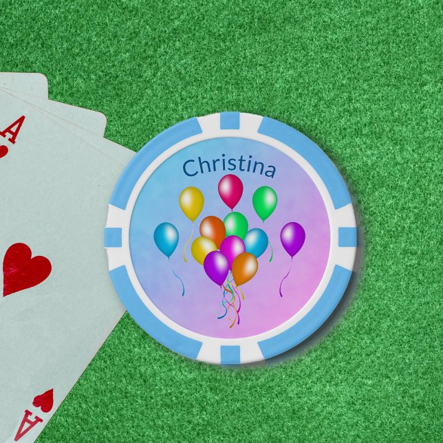 Festive Bright Balloons Multiple Colours Streamers Poker Chips (Bunch bright festive colourful balloons on blue fading to pink poker chips.)