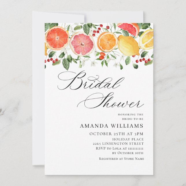 Festive Bright Floral Citrus Slice Bridal Brunch Invitation (Front)
