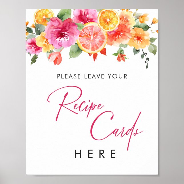Festive Bright Flowers Citrus Bridal Recipe Card Poster (Front)