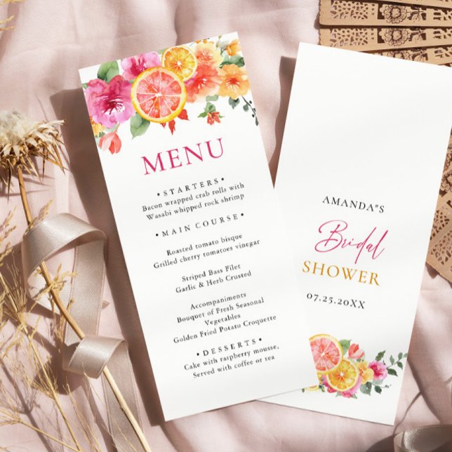 Festive Bright Flowers Floral Citrus Bridal Shower Menu (Creator Uploaded)