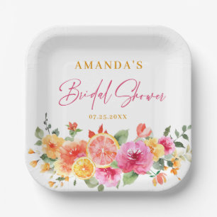 Festive Bright Flowers Slice Citrus Bridal Shower Paper Plate