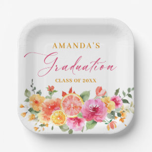 Festive Bright Flowers Slice Citrus Graduation Paper Plate