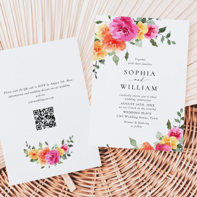 Festive Bright Pink Orange Flowers Wedding Invitation (Creator Uploaded)