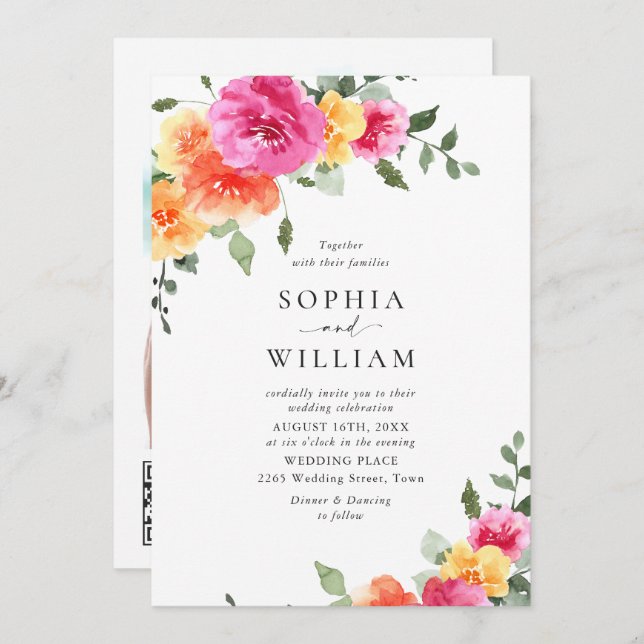 Festive Bright Pink Orange Flowers Wedding QR code Invitation (Front/Back)