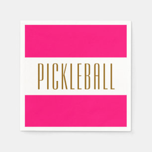 Festive Bright Pink White Stripes PICKLEBALL Text  Napkin