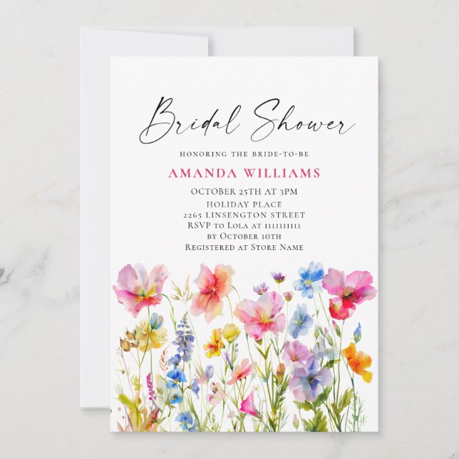 Festive Bright Watercolor Flowers Bridal Shower Invitation (Front)