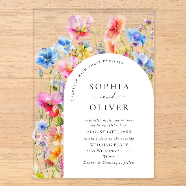 Festive Bright Watercolor Wild Flowers Wedding Acrylic Invitations (Front)