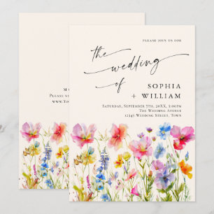 Festive Bright Watercolor Wild Flowers Wedding Invitation