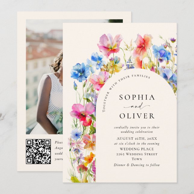 Festive Bright Watercolor Wild Flowers Wedding Invitation (Front/Back)