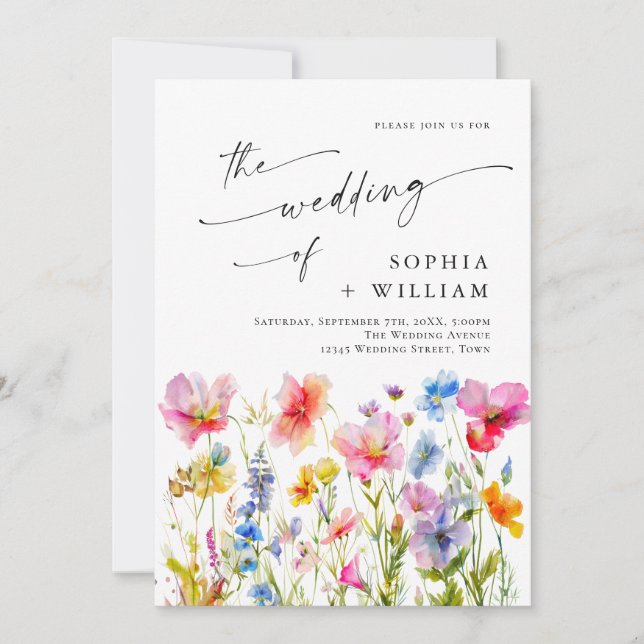 Festive Bright Watercolor Wild Flowers Wedding Invitation (Front)