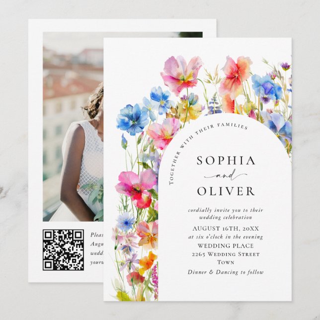 Festive Bright Watercolor Wild Flowers Wedding Invitation (Front/Back)