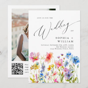 Festive Bright Watercolor Wild Flowers Wedding Invitation