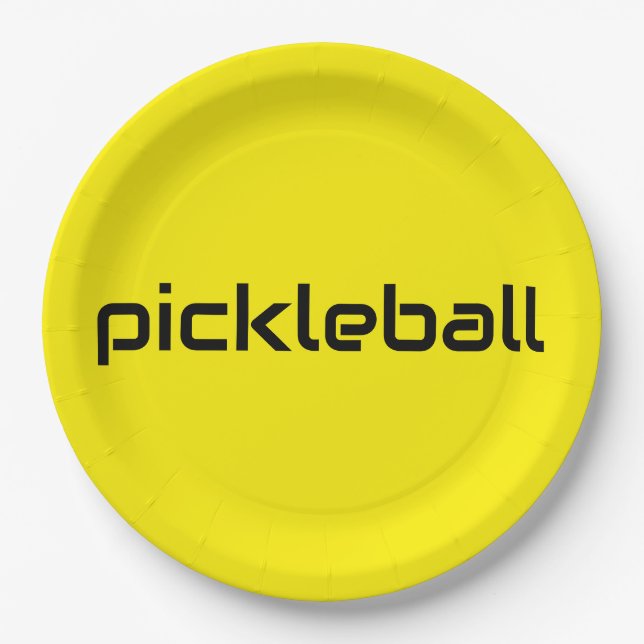 Festive Bright Yellow Modern Black PICKLEBALL Text Paper Plate (Front)
