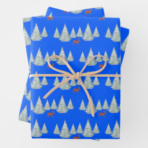 Festive Brown Deer under Snowy Spruce Trees Blue Wrapping Paper Sheet