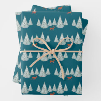 Festive Brown Deer under Snowy Spruce Trees Green Wrapping Paper Sheet