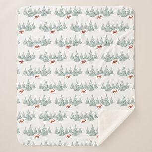 Festive Brown Deer under Snowy Spruce Trees Sherpa Blanket