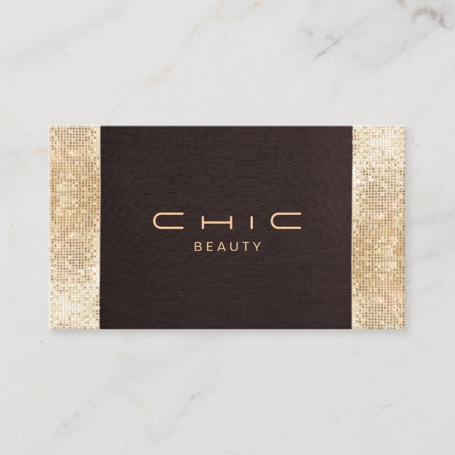  Festive Brown Linen FAUX Gold Sequin Beauty Business Card (Front)