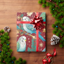 Festive Budgie Gold & Red Christmas Wrapping Paper