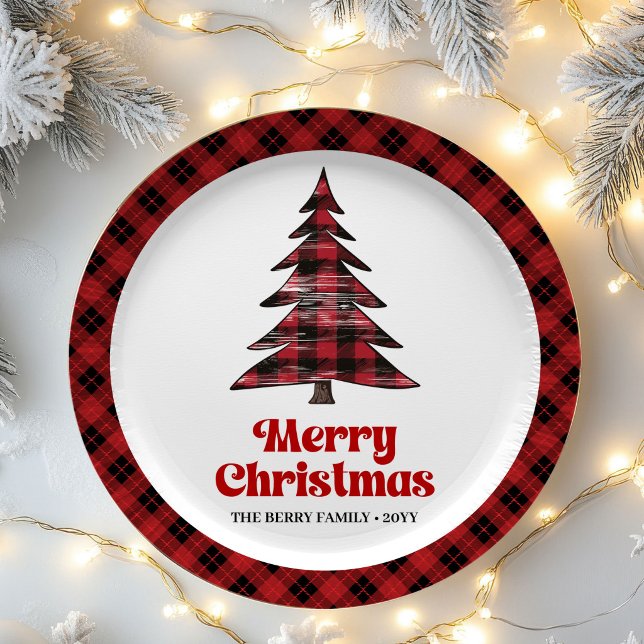Festive Buffalo Check Christmas Name Paper Plates (Festive Buffalo Check Christmas Name Paper Plates)