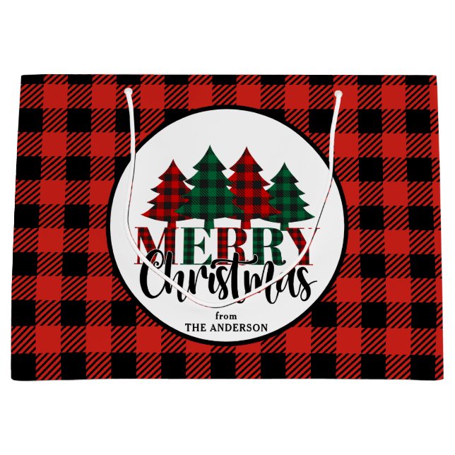 Festive Buffalo Plaid Christmas Tree Large Gift Bag (Front)