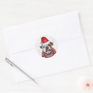 Festive Bulldog and Woof Word Art Christmas Classic Round Sticker