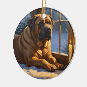Festive Bullmastiff with Christmas Lights Holiday Ceramic Ornament