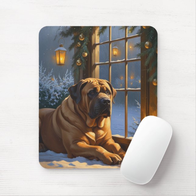 Festive Bullmastiff with Christmas Lights Holiday Mouse Pad (With Mouse)