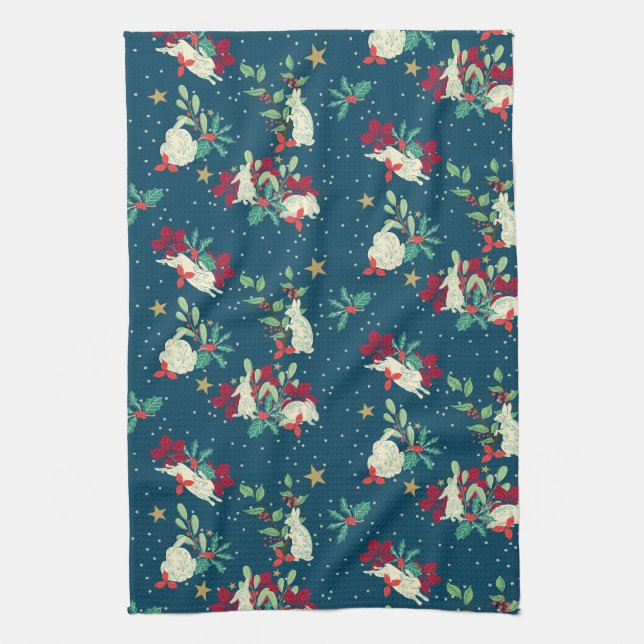 Festive Bunnies Play As Snow Falls Kitchen Towel (Vertical)