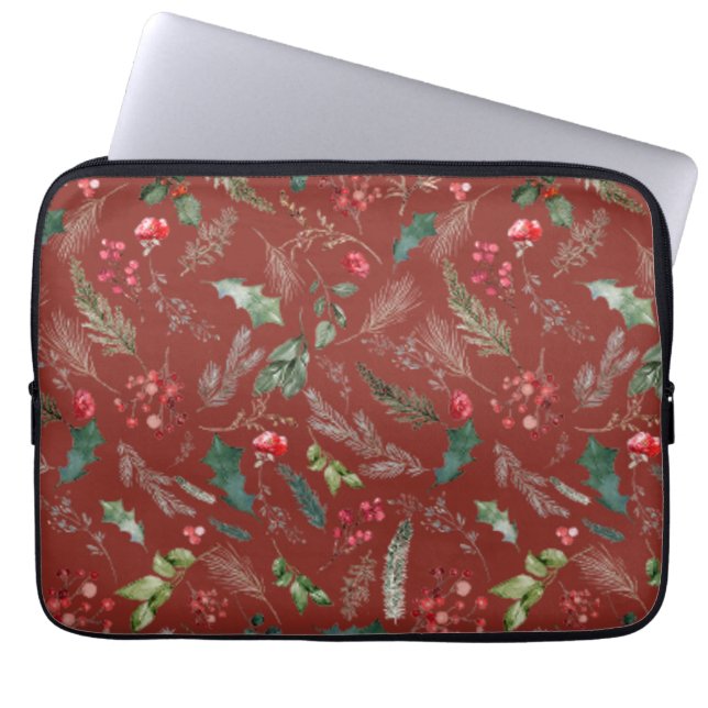 Festive Burgundy Christmas Winter Botanical Floral Laptop Sleeve (Front)