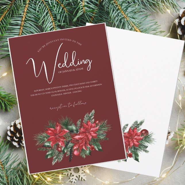 Festive Burgundy Green Winter Christmas Wedding Invitation (Creator Uploaded)