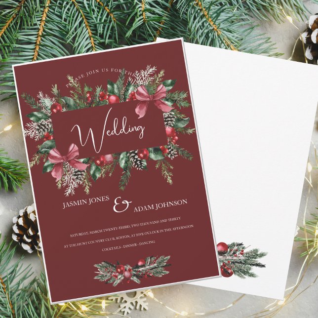 Festive Burgundy Green Winter Christmas Wedding Invitation (Creator Uploaded)
