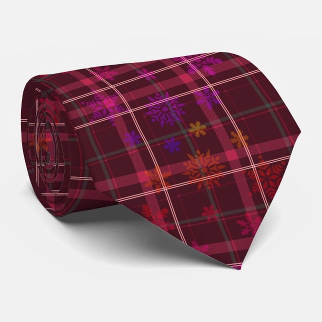 Festive Burgundy Snowflake Holiday Plaid Tie (Rolled)