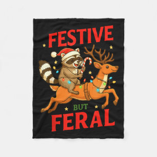 Festive But Feral Funny Christmas Raccoon Riding R Fleece Blanket