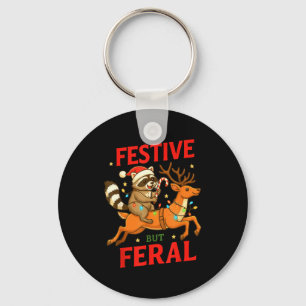 Festive But Feral Funny Christmas Raccoon Riding R Keychain