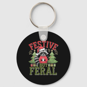 Festive But Feral Raccoon Christmas Santa Fun Anim Keychain