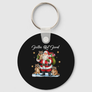 Festive But Feral Santa Raccoon Christmas Pajamas  Keychain