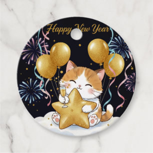 Festive Calico Cat Celebrating New Year with Firew Favour Tags
