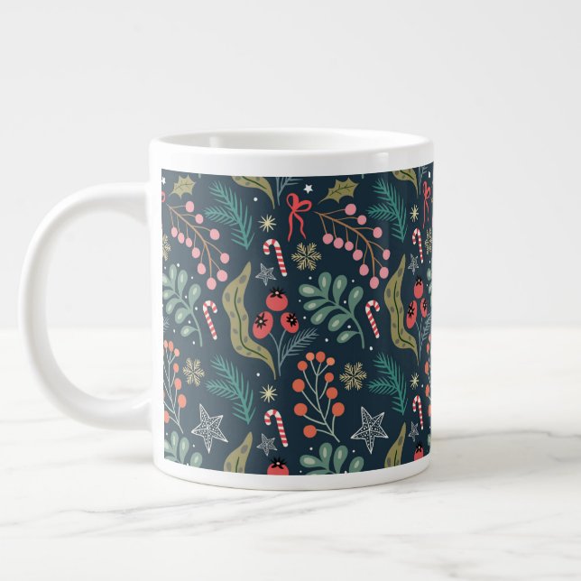 Festive Candy Cane and Holly Pattern Large Coffee Mug (Left)