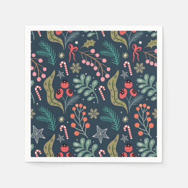 Festive Candy Cane and Holly Pattern Napkin (Front)
